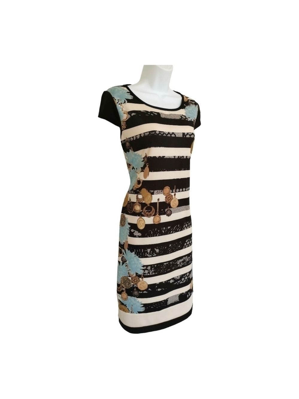 CRISTYN & co black white striped floral dress sz M